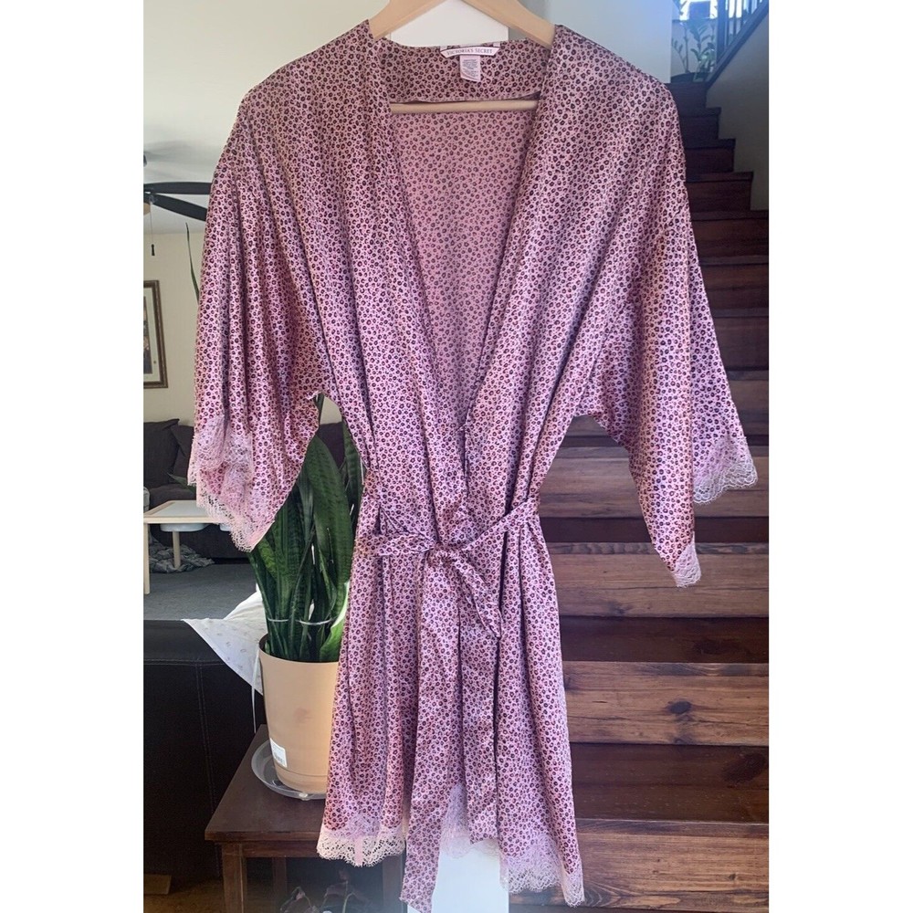 Victoria's Secret Animal Cheetah Print/Pink Lace Trim Kimono Robe XS/S Sexy